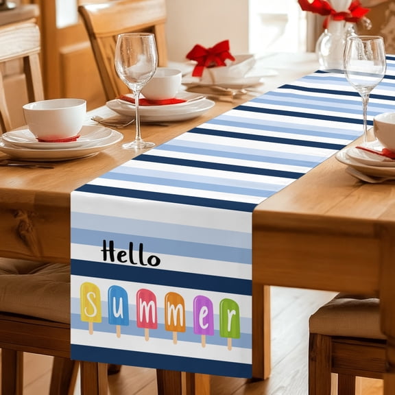 Table Runner Hello Summer Blue White Stripe Dresser Scarves 13x36 Inch,Linen Table Runners Colorful Popsicles Tablerunner for Home Dining Indoor Outdoor Wedding Party Tabletop Decor