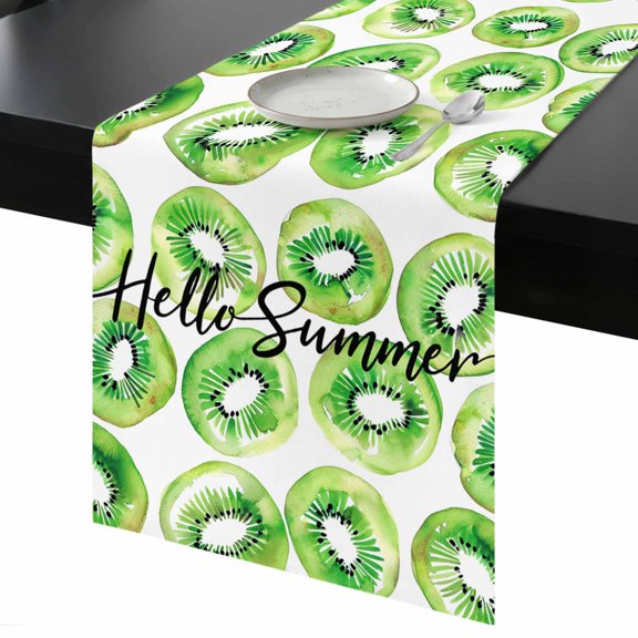 Table Runner Hello Summer Decorative Dining Table Runner Fresh Fruits Green Kiwi Kitchen Table Decoration for Home, Holiday and Party Use 13x36 Inch