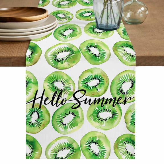 Table Runner Hello Summer Soft Linen Style Table Runner Cloth Fresh Fruits Green Kiwi Dining Table Decor for Kitchen, Dining Room, Parties, Holiday & Everyday Use 13x36 Inch