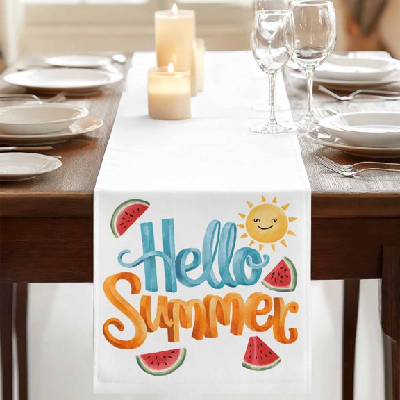 Table Runner,Hello Summer Sun Watermelon Kitchen Dining Table Runners Tabletop Decorations Cartoon Style Tablerunner Dresser Scarves for Home Party Wedding Birthday Decor,13x72in