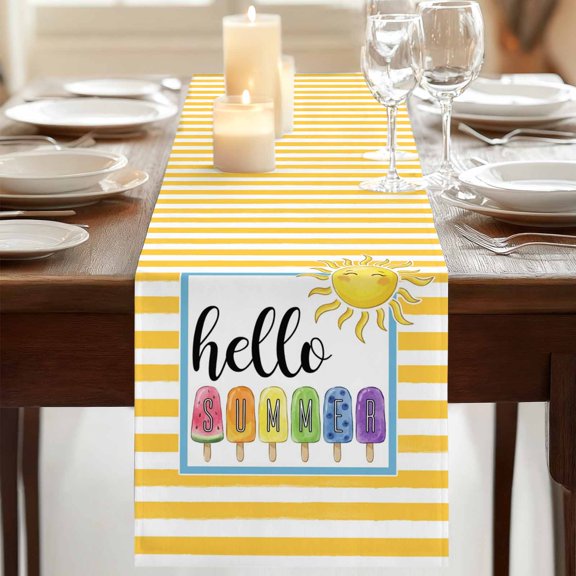 Table Runner,Hello Summer Sun Watermelon Purple Blue Kitchen Dining Table Runners Tabletop Decorations Yellow Stripes Tablerunner Dresser Scarves for Home Party Wedding Birthday Decor,13x72in