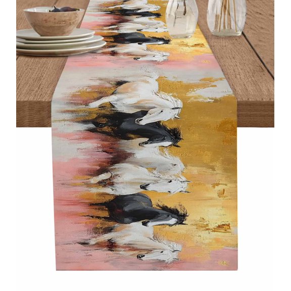 Table Runner Horse Oil Painting Table Decoration for Kitchen Dinning Abstract Yellow Pink Table Decoration for Indoor Outdoor Party Wedding Decor 13x90inch