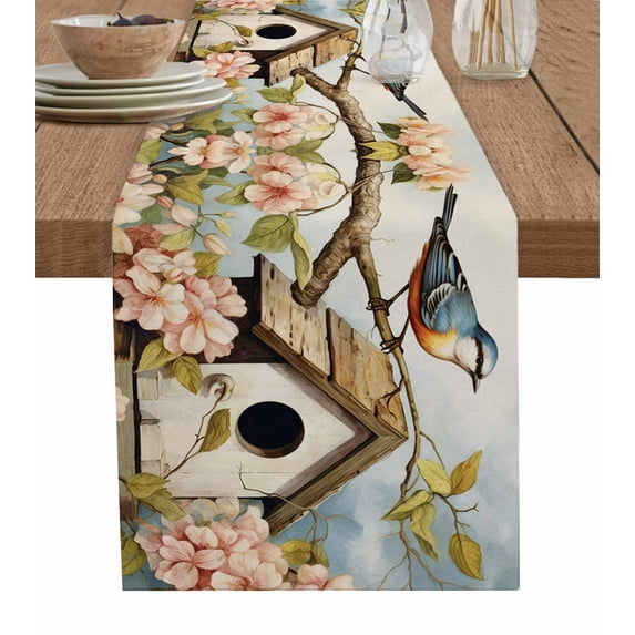 Table Runner Hummingbird Magpie Table Decoration for Kitchen Dinning Spring Rhododendron Flower Branch Table Decoration for Indoor Outdoor Party Wedding Decor 13x90 Inch