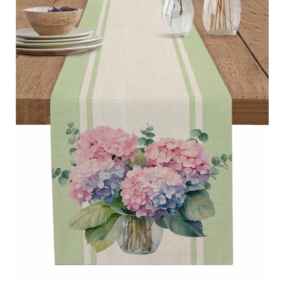 Table Runner Hydrangea Spring Eucalyptus Leaf Table Decoration for Kitchen Dinning Vase Green Line Table Decoration for Indoor Outdoor Party Wedding Decor 13x72 Inch