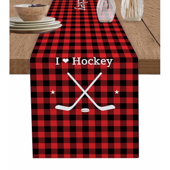 Table Runner Ice Hockey Sport Table Decoration for Kitchen Dinning Red Buffalo Check Plaid Table Decoration for Indoor Outdoor Party Wedding Decor 13x72 Inch