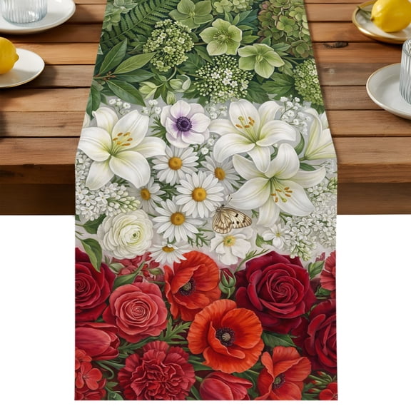 Table Runner Italian Floral Tricolor Decorative Table Runner for Kitchen Abstract Green White and Red Flowers Dinning Runner for Party Wedding Holiday Indoor Outdoor 13x36inch