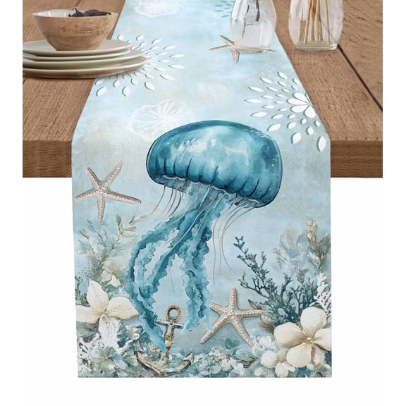 Table Runner Jellyfish Table Decoration for Kitchen Dinning Blue Ocean Starfish Table Decoration for Indoor Outdoor Party Wedding Decor 13x72inch