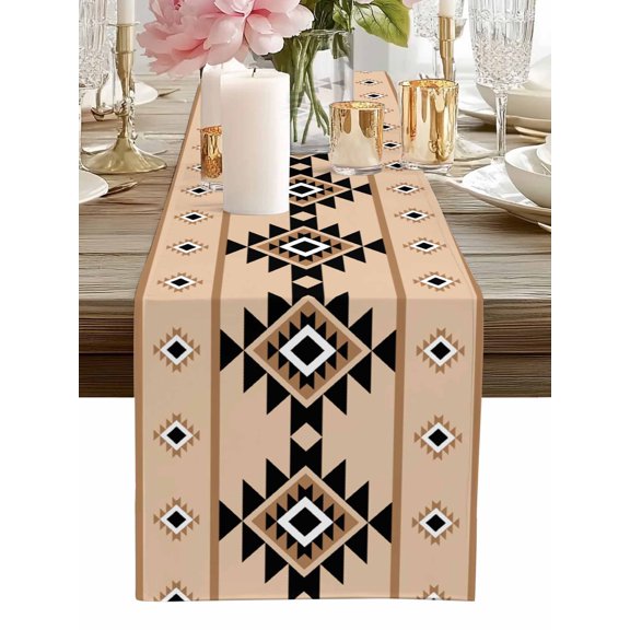 Table Runner Khaki Aztec Table Runners Western Tribal Pattern Cotton Linen Dresser Scarf Kitchen Dining Table Decor for Home Dinner Party Decor 13x36 Inch