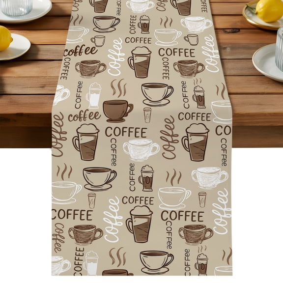 Table Runner Khaki Coffee Cups Decorative Table Runner for Kitchen Coffee Lovers Dinning Runner for Party Wedding Holiday Indoor Outdoor 13x90inch