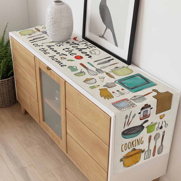 Table Runner Kitchen Cooking Kitchenware Cartoon Style Dresser Scarves 13x72 Inch,Linen Table Runners Retro Linen Tablerunner for Home Dining Indoor Outdoor Wedding Party Tabletop Decor