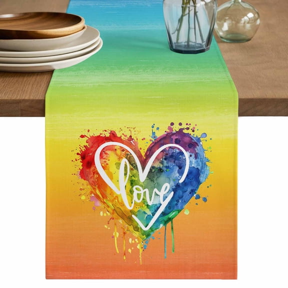 Table Runner LGBT Rainbow Stripes Soft Linen Style Table Runner Cloth Love Heart Gay Lesbian Event Dining Table Decor for Kitchen, Dining Room, Parties, Holiday & Everyday Use 13x36 Inch