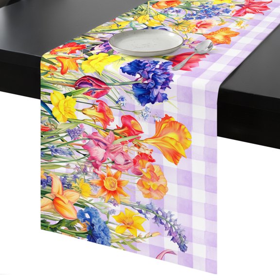 Table Runner Lavender Tulip Flower Decorative Dining Table Runner Branch Buffalo Plaid Purple Kitchen Table Decoration for Home, Holiday and Party Use 13x36 Inch