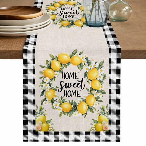 Table Runner Lemon Flowers Wreath Soft Linen Style Table Runner Cloth Black White Plaid Dining Table Decor for Kitchen, Dining Room, Parties, Holiday & Everyday Use 13x36 Inch