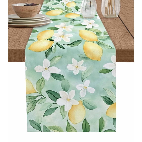 Table Runner Lemon Fruit Table Decoration for Kitchen Dinning Green Leaves Floral Table Decoration for Indoor Outdoor Party Wedding Decor 13x72 Inch