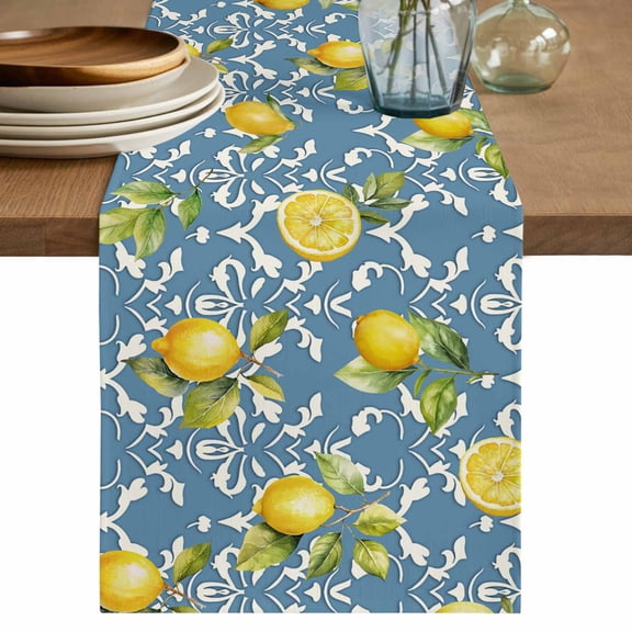 Table Runner Lemon Leaves Soft Linen Style Table Runner Cloth White Floral Blue Dining Table Decor for Kitchen, Dining Room, Parties, Holiday & Everyday Use 13x36 Inch