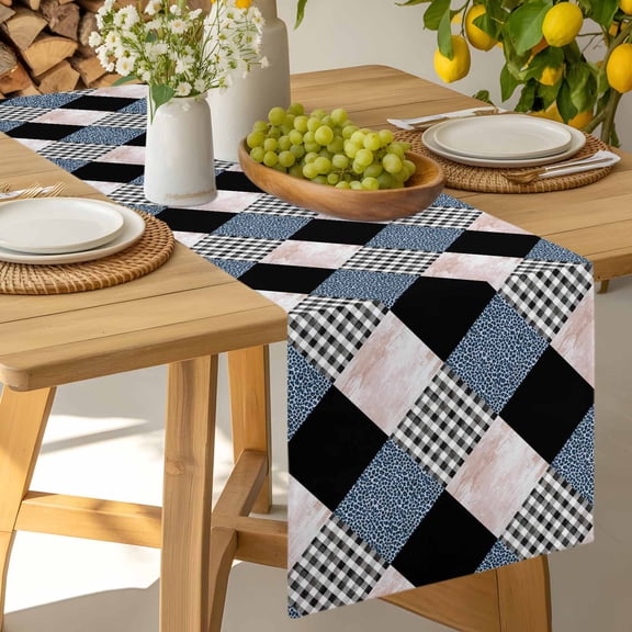 Table Runner Leopard Patchwork Quilt Buffalo Plaid Dresser Scarves 13x36 Inch,Linen Table Runners Geometric Squares Tablerunner for Home Dining Indoor Outdoor Wedding Party Tabletop Decor