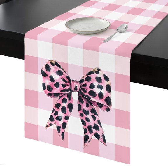 Table Runner Leopard Print Bow Decorative Dining Table Runner Pink White Check Kitchen Table Decoration for Home, Holiday and Party Use 13x108 Inch
