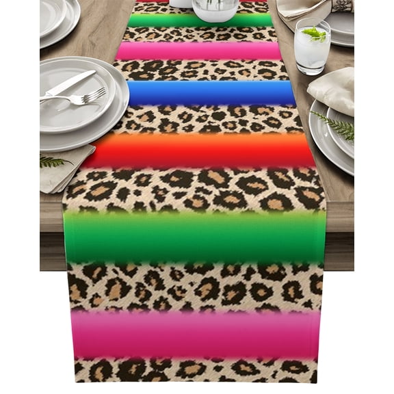 Table Runner Leopard Serape Mexico Table Decoration for Kitchen Dinning Bohemian Indian Stripe Western Boho Table Decoration for Indoor Outdoor Party Wedding Decor 13x90inch