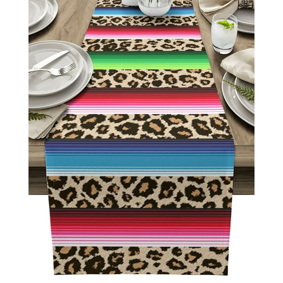 Table Runner Leopard Serape Table Decoration for Kitchen Dinning Bohemian Indian Stripe Western Boho Table Decoration for Indoor Outdoor Party Wedding Decor 13x90inch