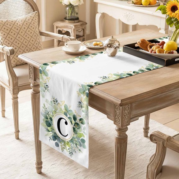 Table Runner Letters C on Eucalyptus Leaves Dresser Scarves 13x36 Inch,Linen Table Runners Spring Farm Plant Tablerunner for Home Dining Indoor Outdoor Wedding Party Tabletop Decor