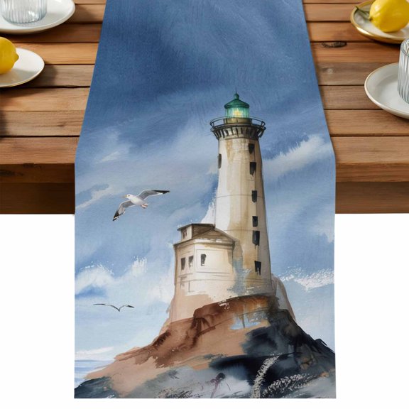 Table Runner Lighthouse Island Decorative Table Runner for Kitchen Seagull Blue Sky Ocean Dinning Runner for Party Wedding Holiday Indoor Outdoor 13x36inch