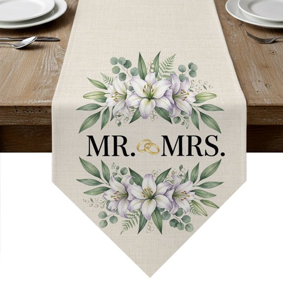 Table Runner Linen Burlap Table Runner 48 Inches Long Beige Mr Mrs Flowers Rings Eucalyptus Leaves Dresser Scarves for Kitchen Island Coffee Dining Room Party Holiday Decoration 13"x48"
