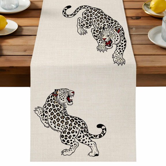 Table Runner Linen Leopard Table Runners Bohemian Animal Print Cotton Linen Dresser Scarf Kitchen Dining Table Decor for Holiday Party Decor 13x36 Inch