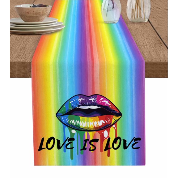 Table Runner Lips Rainbow Stripes Table Decoration for Kitchen Dinning Love is More Gay Lesbian Event Table Decoration for Indoor Outdoor Party Wedding Decor 13x72 Inch