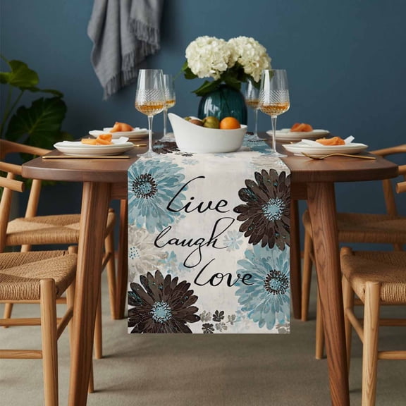 Table Runner Live Love Laugh Words Dresser Scarves 13x36 Inch,Linen Table Runners Country Blue Brown Floral Tablerunner for Home Dining Indoor Outdoor Wedding Party Tabletop Decor
