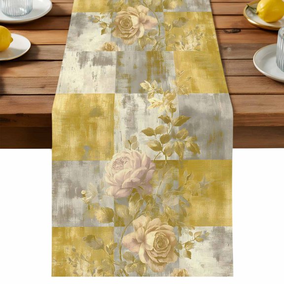 Table Runner Luxurious Gold Floral Botanical Decorative Table Runner for Kitchen Abstract Collage Textures Dinning Runner for Party Wedding Holiday Indoor Outdoor 13x36inch