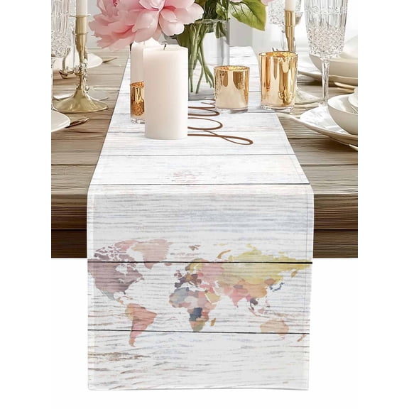 Table Runner Maps Of The World Table Runners Earth Tourism Wood Grain Cotton Linen Dresser Scarf Kitchen Dining Table Decor for Home Dinner Party Decor 13x36 Inch