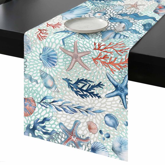 Table Runner Marine Life Decorative Dining Table Runner Starfish Ocean Conch Shell Seaweed Kitchen Table Decoration for Home, Holiday and Party Use 13x36 Inch