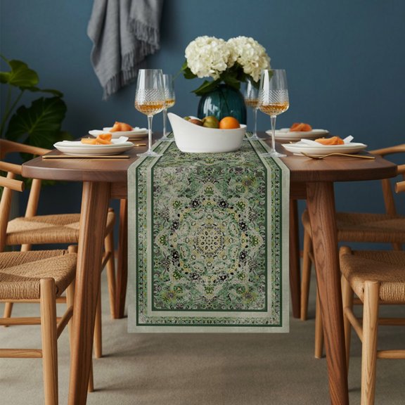 Table Runner Medieval Turkish Boho Pattern Dresser Scarves 13x36 Inch,Linen Table Runners Green Mural Retro Floral Texture Tablerunner for Home Dining Indoor Outdoor Wedding Party Tabletop Decor