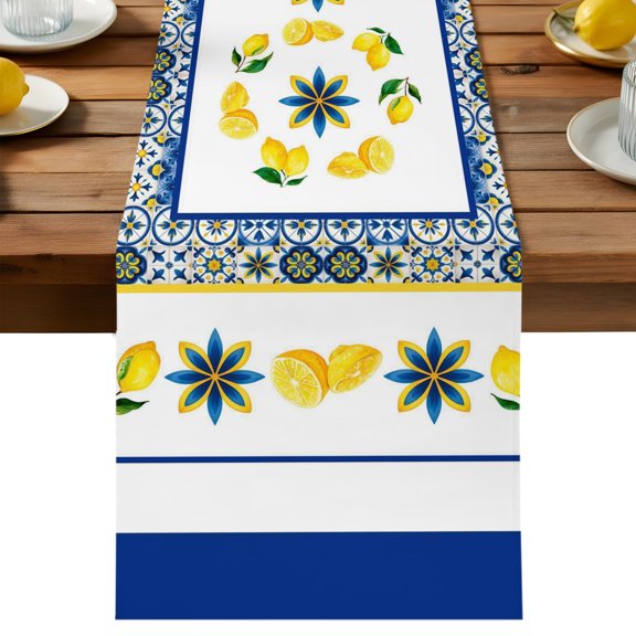 Table Runner Mediterranean Lemon Decorative Table Runner for Kitchen Italian Classic Flowers Blue White Dinning Runner for Party Wedding Holiday Indoor Outdoor 13x36inch