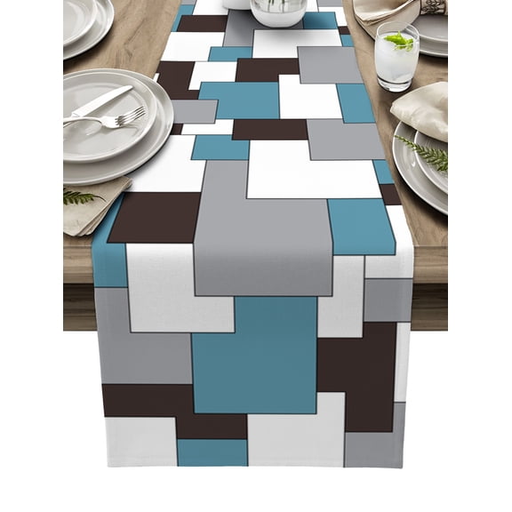 Table Runner Mid Century Blue Nordic Table Decoration for Kitchen Dinning Abstract Geometric Table Decoration for Indoor Outdoor Party Wedding Decor 13x90inch