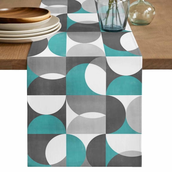 Table Runner Mid Century Geometric Soft Linen Style Table Runner Cloth Abstract Modern Teal Dining Table Decor for Kitchen, Dining Room, Parties, Holiday & Everyday Use 13x72 Inch