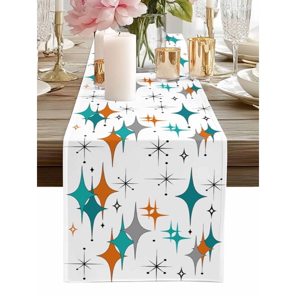 Table Runner Mid Century Geometric Table Runners Modern Teal Turquoise Cotton Linen Dresser Scarf Kitchen Dining Table Decor for Home Dinner Party Decor 13x72 Inch