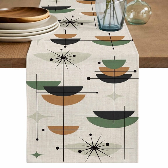 Table Runner Mid Century Modern Soft Linen Style Table Runner Cloth Abstract Geometric Lines Green Beige Dining Table Decor for Kitchen, Dining Room, Parties, Holiday & Everyday Use 13x36 Inch