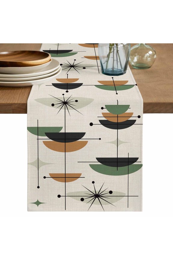 Table Runner Mid Century Modern Soft Linen Style Table Runner Cloth Abstract Geometric Lines Green Beige Dining Table Decor for Kitchen, Dining Room, Parties, Holiday & Everyday Use 13x72 Inch