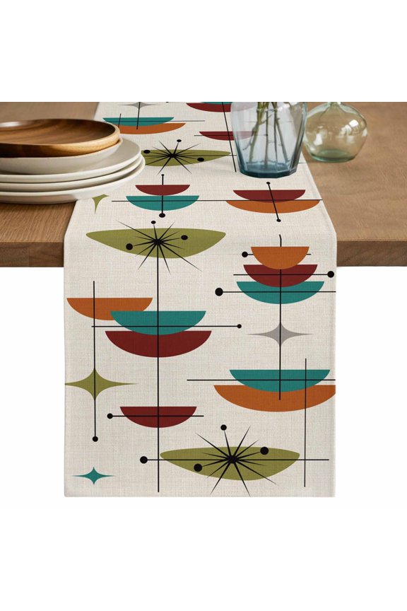 Table Runner Mid Century Modern Soft Linen Style Table Runner Cloth Abstract Geometric Lines Orange Teal Dining Table Decor for Kitchen, Dining Room, Parties, Holiday & Everyday Use 13x36 Inch