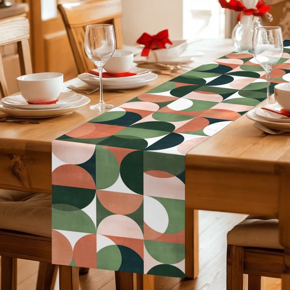 Table Runner Mid Century Nordic Dresser Scarves 13x36 Inch,Linen Table Runners Retro Semicircle Green Orange Block Tablerunner for Home Dining Indoor Outdoor Wedding Party Tabletop Decor