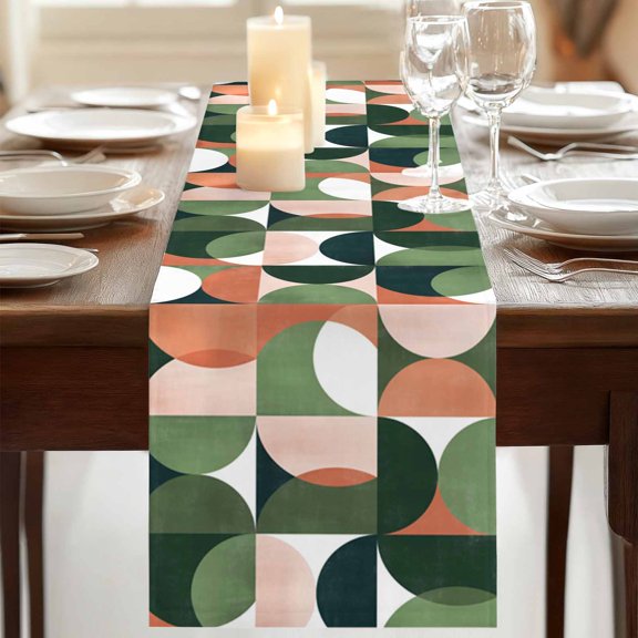 Table Runner,Mid Century Nordic Kitchen Dining Table Runners Tabletop Decorations Retro Semicircle Green Orange Block Tablerunner Dresser Scarves for Home Party Wedding Birthday Decor,13x72in