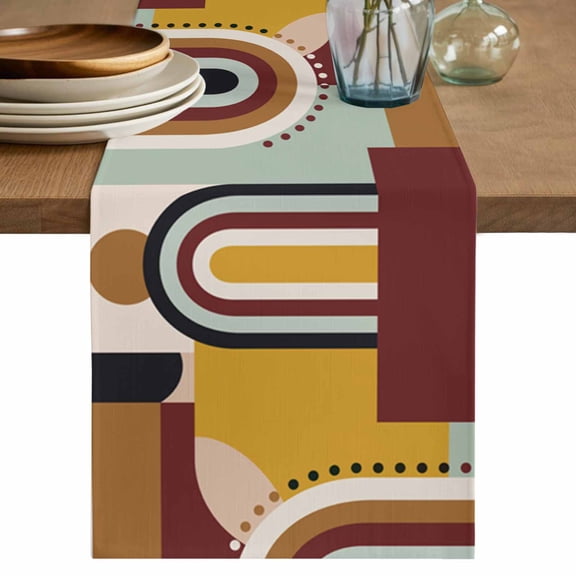 Table Runner Mid Century Soft Linen Style Table Runner Cloth Modern Geometric Abstract Brown Dining Table Decor for Kitchen, Dining Room, Parties, Holiday & Everyday Use 13x36 Inch