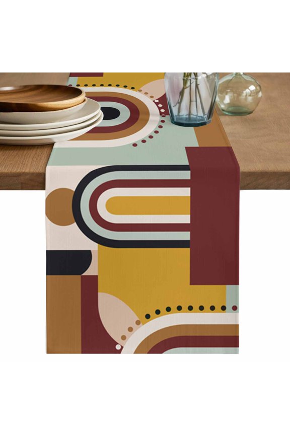 Table Runner Mid Century Soft Linen Style Table Runner Cloth Modern Geometric Abstract Brown Dining Table Decor for Kitchen, Dining Room, Parties, Holiday & Everyday Use 13x36 Inch