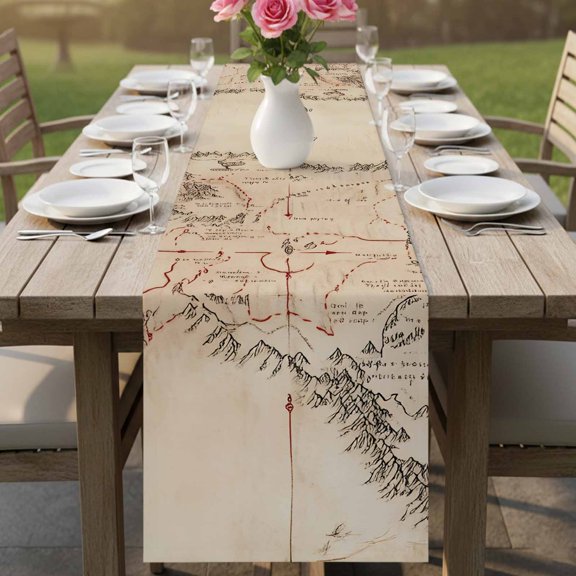 Table Runner Middle Earth Map on Vintage Dresser Scarves 13x90 Inch,Linen Table Runners Abstract Mountain Tablerunner for Home Dining Indoor Outdoor Wedding Party Tabletop Decor