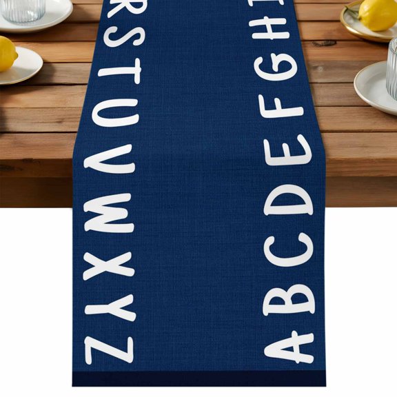 Table Runner Minimalist White Alphabet Letters Decorative Table Runner for Kitchen Nautical Navy Blue Dinning Runner for Party Wedding Holiday Indoor Outdoor 13x36inch