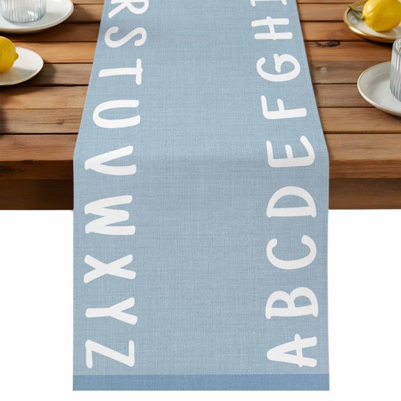 Table Runner Minimalist White Alphabet Letters Decorative Table Runner for Kitchen Scandinavian Light Blue Dinning Runner for Party Wedding Holiday Indoor Outdoor 13x36inch