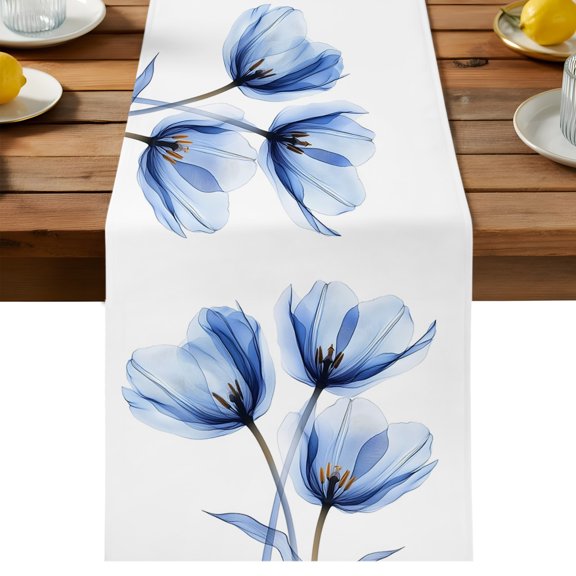 Table Runner Modern Abstract Tulip Flower Decorative Table Runner for Kitchen Blue Dinning Runner for Party Wedding Holiday Indoor Outdoor 13x36inch