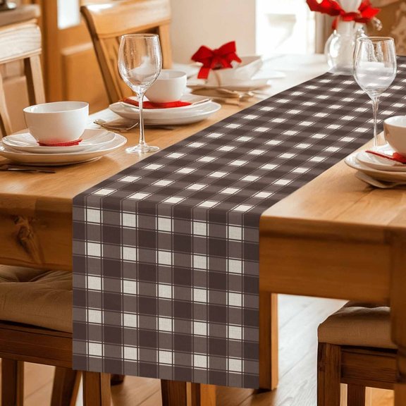 Table Runner Modern Dark Brown Buffalo Plaid Dresser Scarves 13x36 Inch,Linen Table Runners Abstract Minimalist Checkered Tablerunner for Home Dining Indoor Outdoor Wedding Party Tabletop Decor