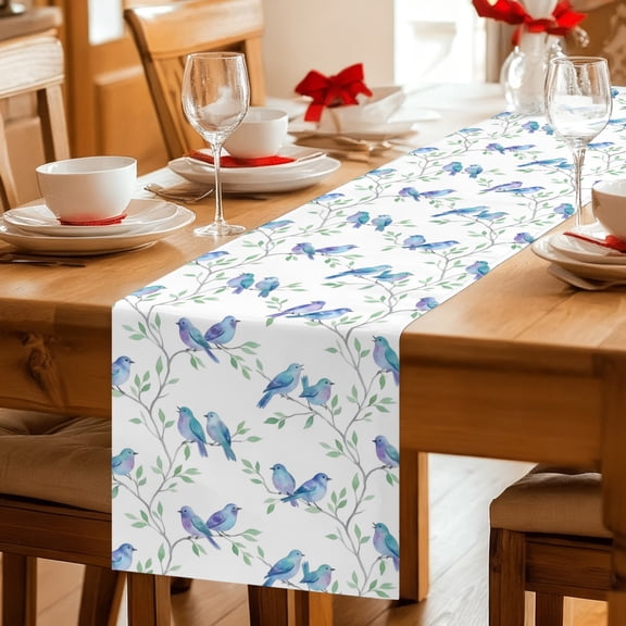 Table Runner Modern Watercolor Bird Tree Branch Dresser Scarves 13x36 Inch,Linen Table Runners Botanical Leaves Blue Birds Tablerunner for Home Dining Indoor Outdoor Wedding Party Tabletop Decor